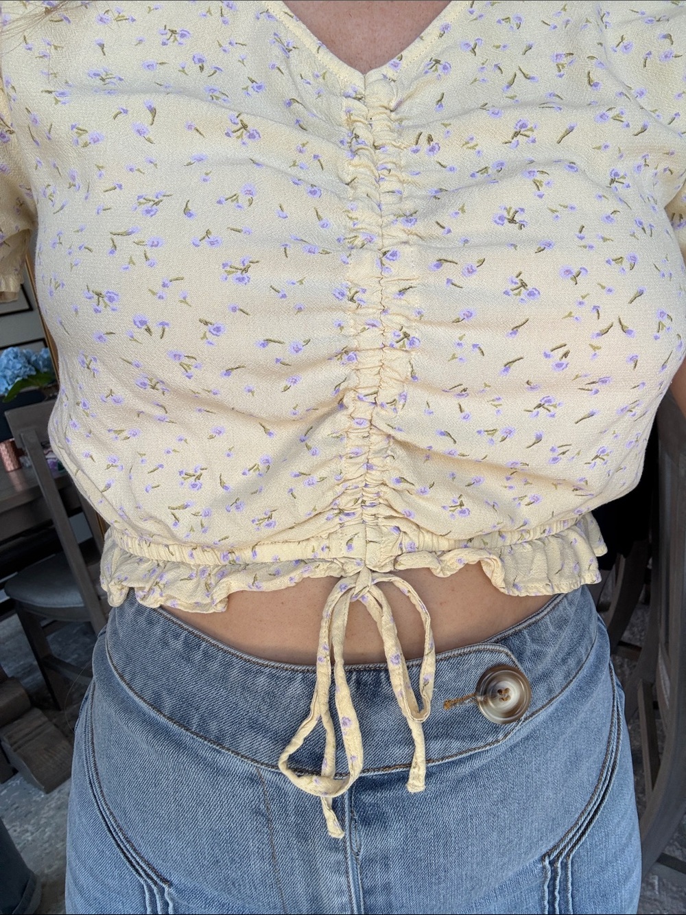 Ruched V-Neck Cropped Top in Light Butter Yellow with Subtle Tiny Purple Florals - Picture 9 of 14